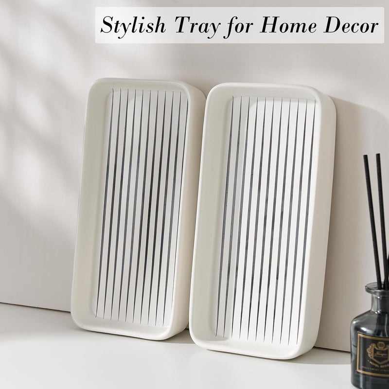 Pottify Bathroom Vanity Tray for Countertop,2PC Rectangle Striped Tray,Decorative Bathroom Organizer for Scrubber, Lotion Bottles, Perfume, Jewelry, Candle, Key Trinket Ring(Small,White) - Image 5